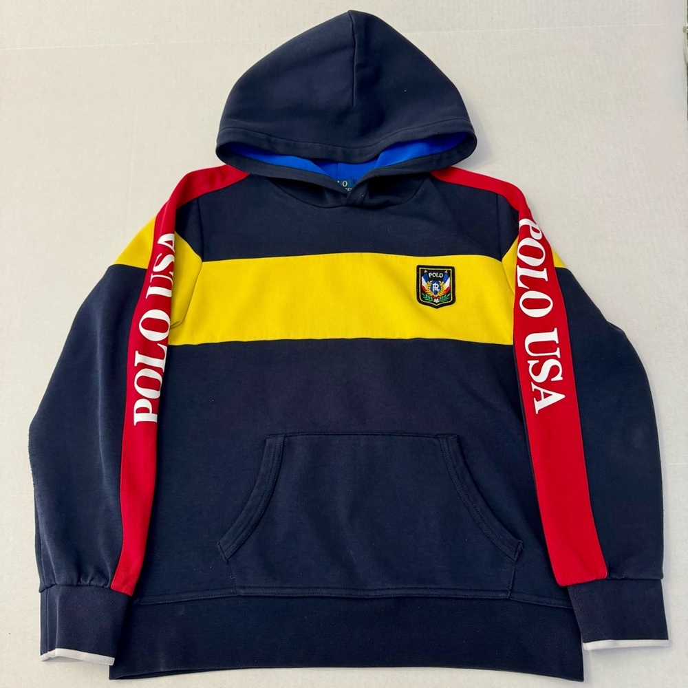 Polo Ralph Lauren Hooded Sweatshirt Navy Red Yellow ColorBlock Boys Large(14-16)